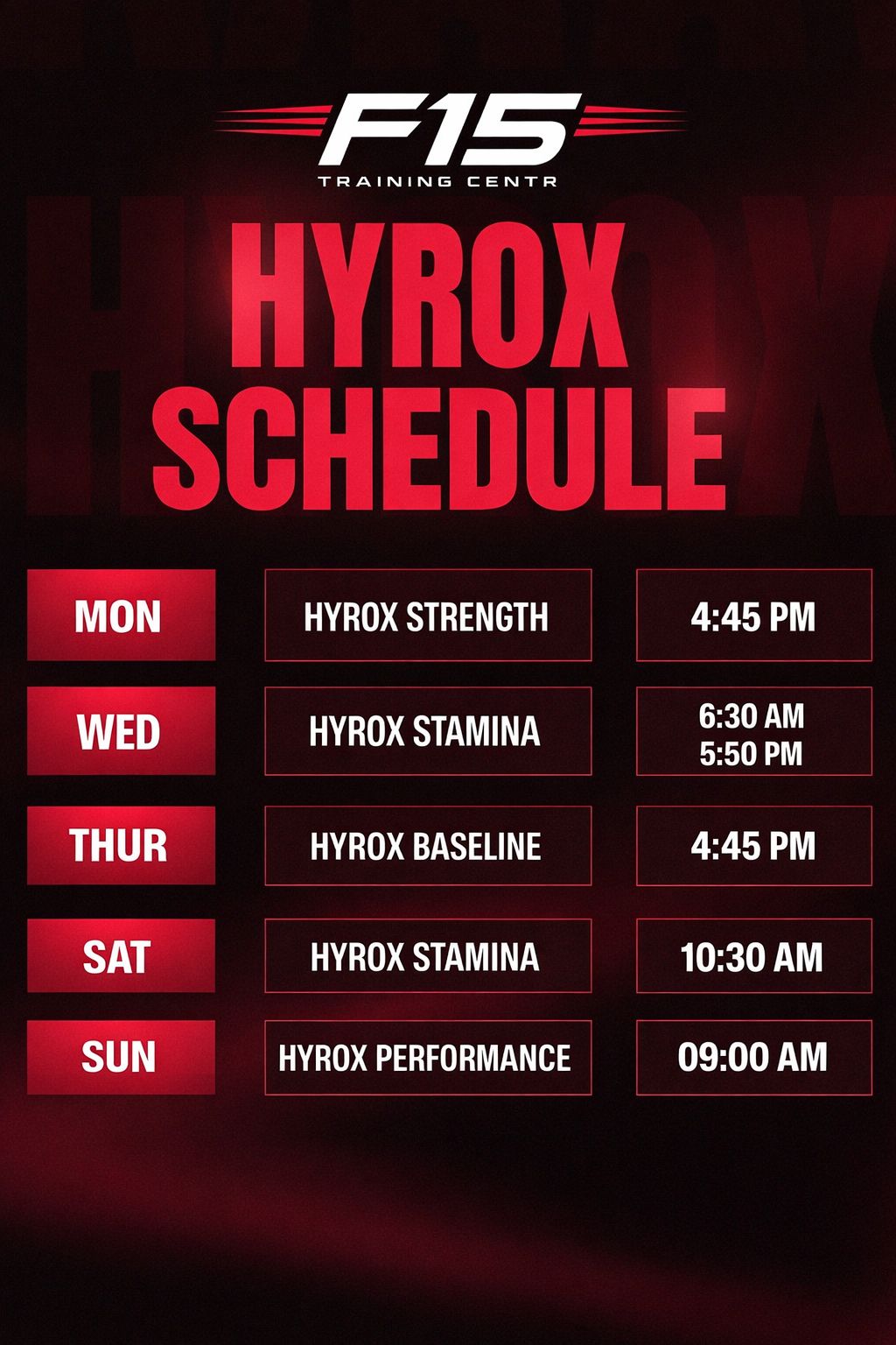 HYROX class schedule at F15
